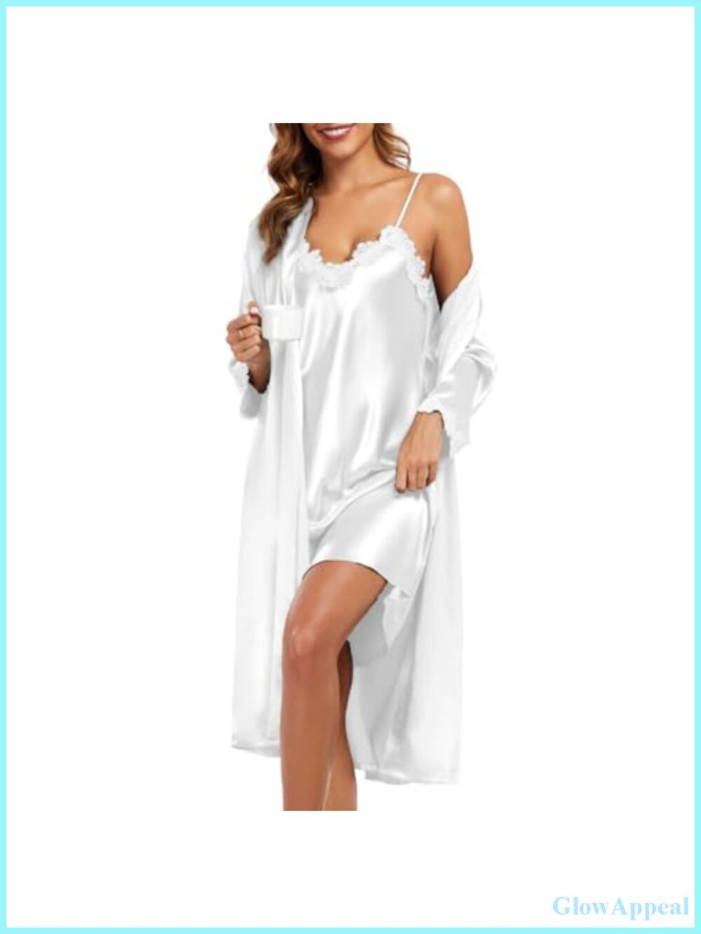 2-Piece Satin Nightgown & Robe Set Lace Trim V-Neck Adjustable Straps